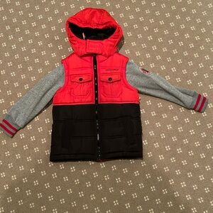 Puffer vest jacket with hood and sweatshirt sleeves